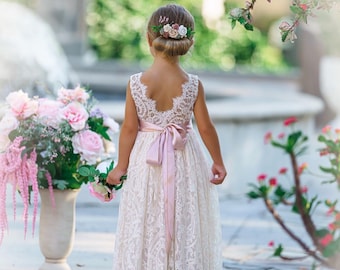 Bohemian Flower Girl Dress, Rustic Lace Dress, Ivory Flower Girl, Toddler Wedding Dress