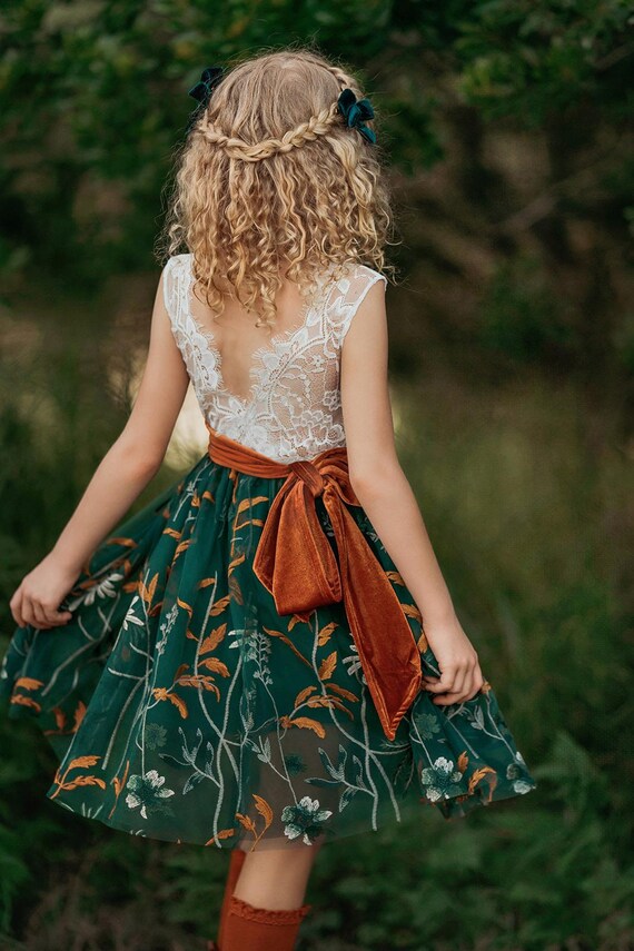 Hunter Green Embroidered Tulle Dress  Fall Wedding Flower Girl, Toddler  Special Occasion - Etsy