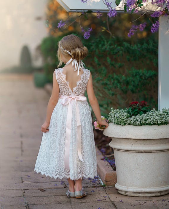 Bohemian flower girl dress, White lace flower girl dress, rustic flower girl dress, boho flower girl dress, Ivory Lace flower girl dresses