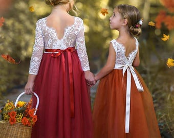 Bloemenmeisjesjurk kant en tule verbrand oranje en roest - prinsessenjurk voor rustieke boho-bruiloften, verjaardagsjurk peuter, feestjurk meisjes