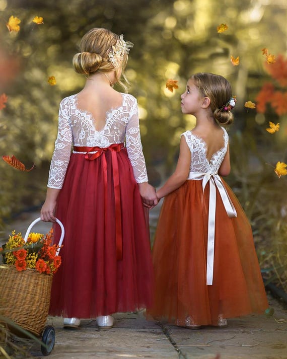 Lace and Tulle Burnt Orange & Rust Flower Girl Dress - Princess Dress for Rustic Boho Weddings, Toddler Birthday Dress, Girls Party Dress