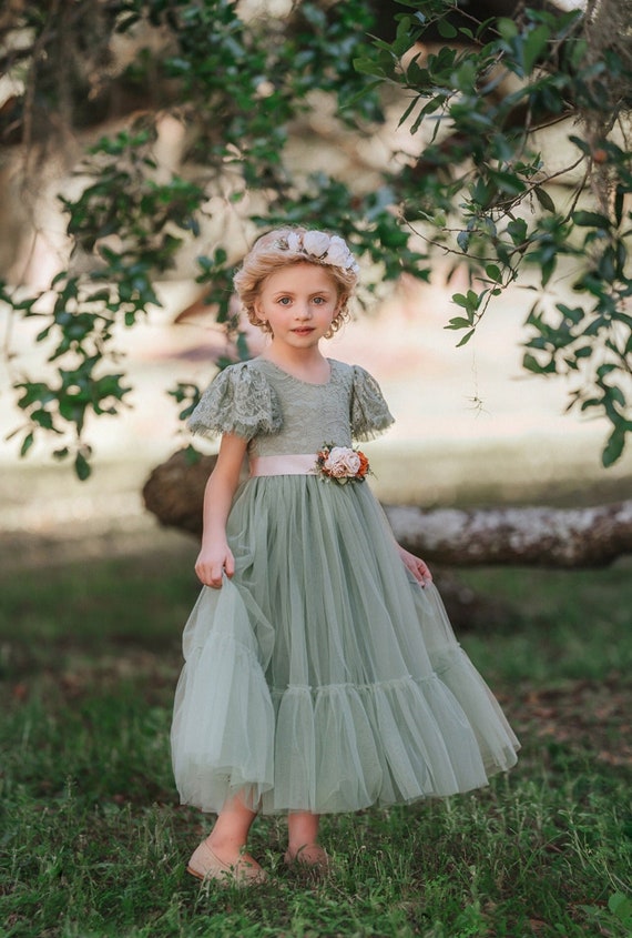 Sage Green tulle flower girl dress, Floral Flower Girl Dress, spring flower girl dress, boho flower girl dress, Girls bohemian Summer dress