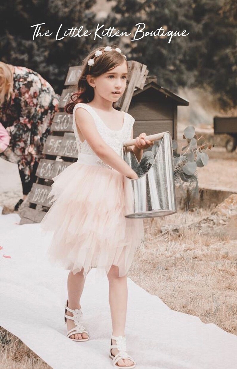 Flower Girl Dress Boho Dress Pink Flower Girl Dresses Blush Flower Girl Dress White Ivory Tutu Tulle birthday Dress Lace Flower Girl