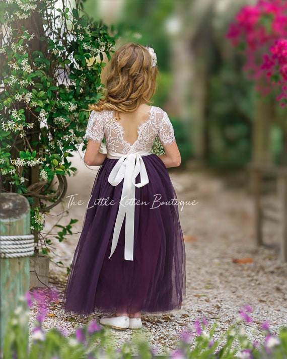 Eggplant Purple tulle flower girl dress, Fall Flower Girl Dress, rustic lace flower girl dress, boho flower girl dress, flower girl dress