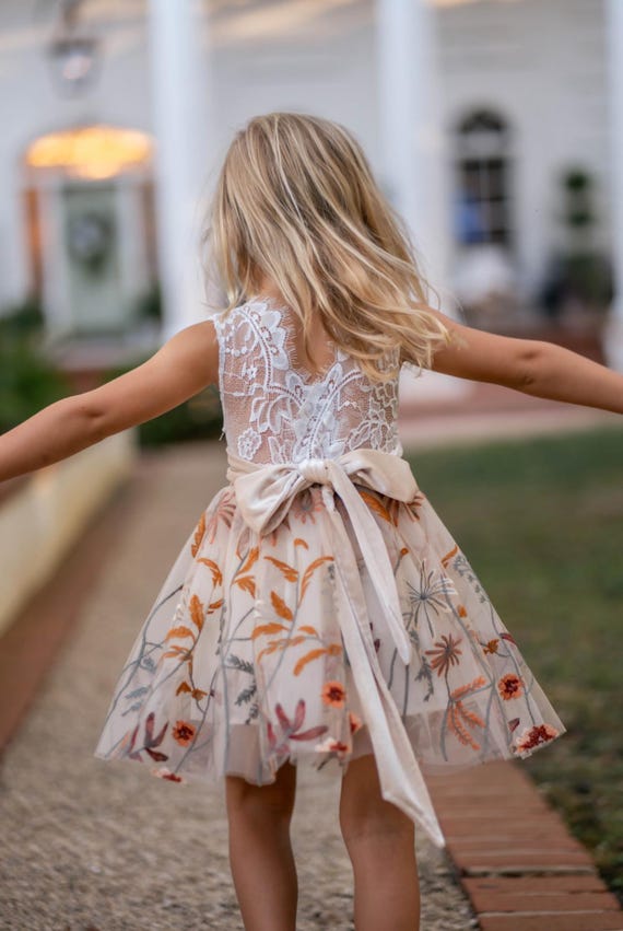 Champagne Fall Floral Embroidered Flower Girl Dress – Toddler Girl Special Occasion Dress – Rustic Wedding Junior Bridesmaid Dress