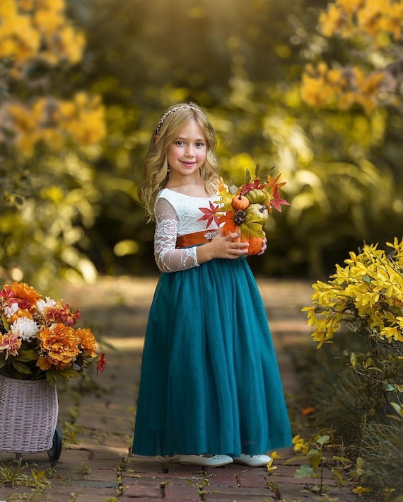 Teal Blue Lace and Tulle Flower Girl Dress for Fall Wedding, Long Sleeve Toddler Flower Girl Dress, Boho Wedding Dress