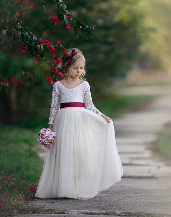 Long Sleeve Lace Tulle Flower Girl Dress | Full Length Wedding Dress | V Back Eyelash Lace | Custom Sash & Color Options