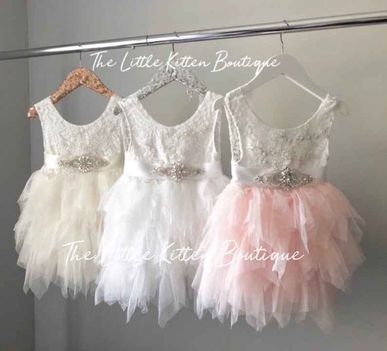Flower Girl Dress Boho Dress Pink Flower Girl Dresses Blush Flower Girl Dress White Ivory Tutu Tulle birthday Dress Lace Flower Girl