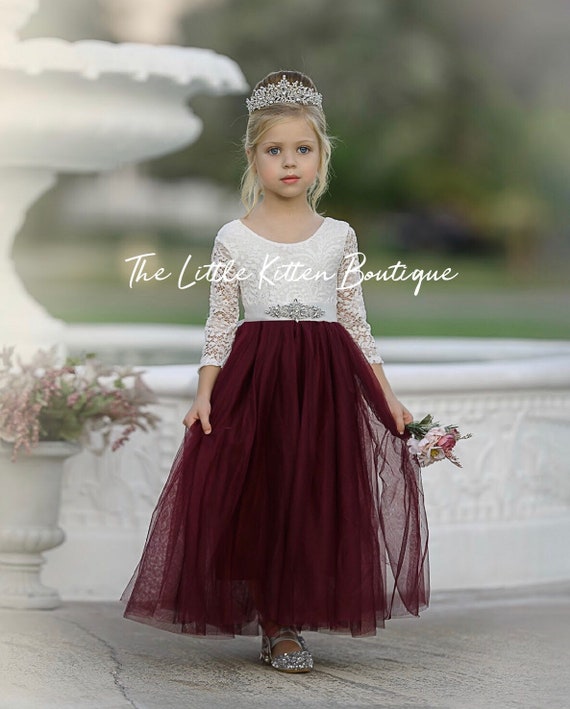 tulle flower girl dress, rustic lace flower girl dresses, long sleeve flower girl dresses, boho flower girl dress, ivory flower girl dress