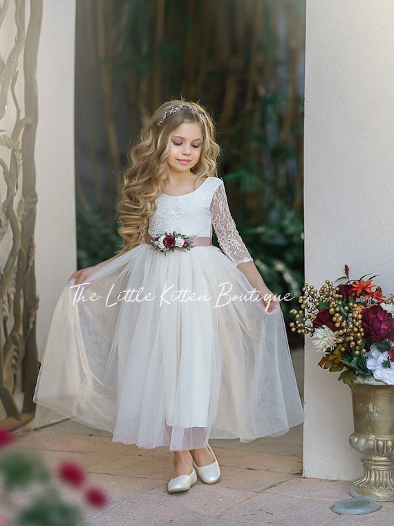 tulle flower girl dress, rustic lace flower girl dresses, long sleeve flower girl dresses, boho flower girl dress, ivory flower girl dress