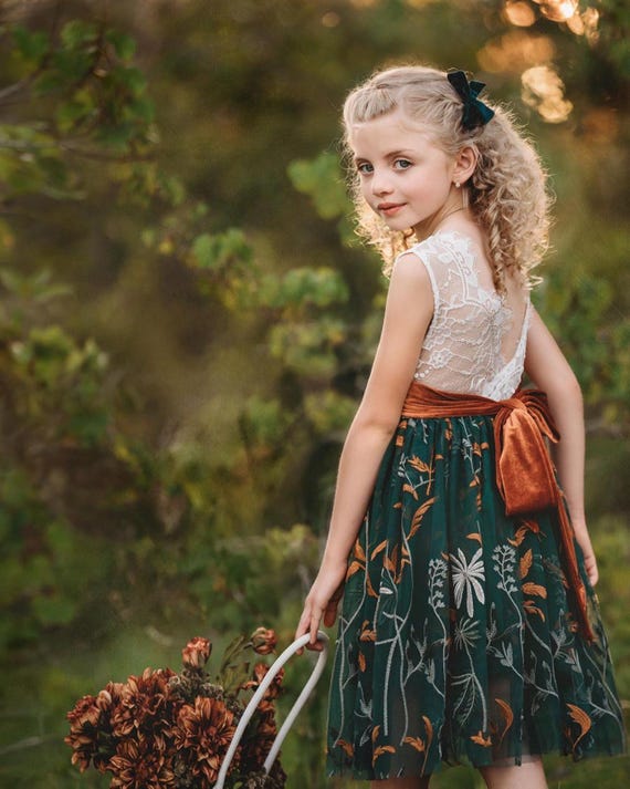 Hunter Green Embroidered Flower Girl Dress, White Lace Bodice, Fall Wedding Dress, Junior Bridesmaid Dress, Rustic Boho Tulle Dress