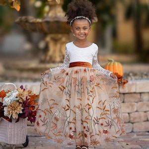 Champagne Floral Flower Girl Dress, Fall flower girl dress, toddler flower girl dress, Wedding Dress, Girls Holiday Dress for Christmas