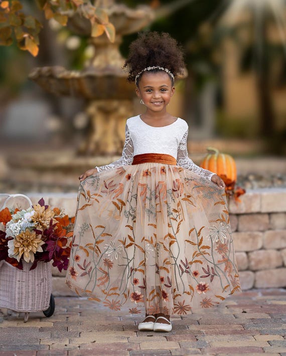 Champagne Floral Flower Girl Dress, Fall flower girl dress, toddler flower girl dress, Wedding Dress, Girls Holiday Dress for Christmas