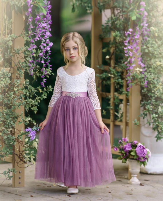 Soft White Lace Flower Girl Dress Purple Tulle Long Sleeve Wedding Gown for Kids