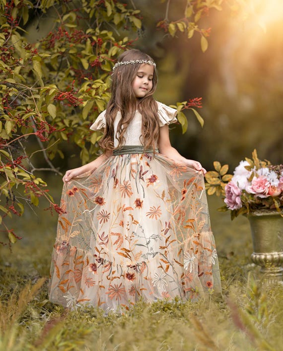 Champagne Velvet Flower Girl Dress with Embroidered Fall Floral Ruffle Sleeves