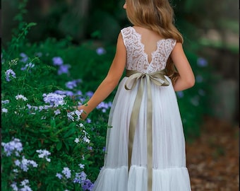 Tüll Blumenmädchenkleid, rustikale Spitze Blumenmädchenkleid, ärmellose weiße Blumenmädchenkleider, Boho Blumenmädchenkleid, Hochzeitskleid