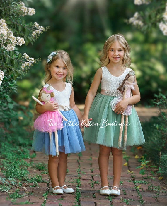 Sage Flower girl dress, boho wedding dress, dusty blue tulle flower ...