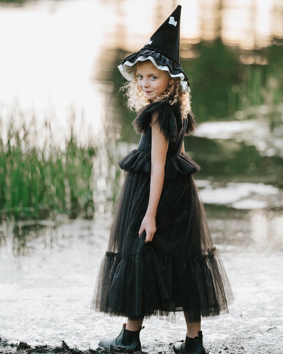 Black Velvet Witch Dress for Girls – Halloween Costume or Dress-Up – Kids Witch Dress for Toddler & Child – Pre-order Ships September