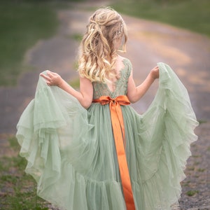 tulle flower girl dress, rustic lace flower girl dress, sleeveless flower girl dresses, boho flower girl dress, Sage green flower girl dress