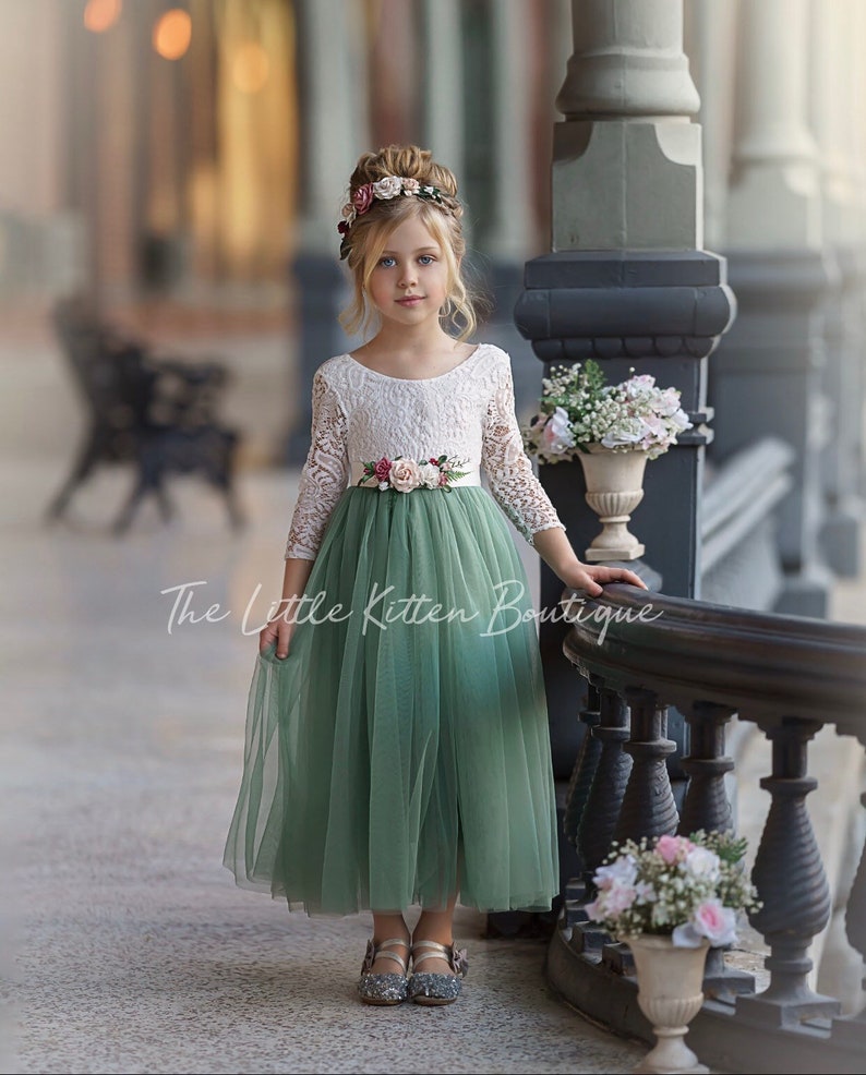 Long Sleeve, Lace and Tulle Sage Green  Flower Girl Dress for Boho Fall Weddings. Perfect Princess Dress for Toddlers and Girls. Elegant and stylish for special occasions. Great for girls holiday dress or family photo shoots as well.