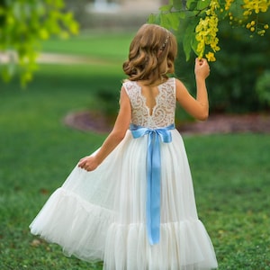 Sleeveless Ivory Lace Flower Girl Dress, Boho Style Tulle Dress, Wedding Flower Girl Dress, Toddler Girl Dress