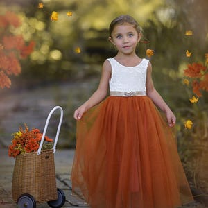 Burnt Orange Flower Girl Dress, Tulle Lace Boho Style, Toddler Girls Dress, Sleeveless Party Dress, Wedding Dress
