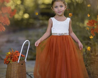 Burnt Orange Tulle Flower Girl Dress, Lace Boho Sleeveless Party Dress