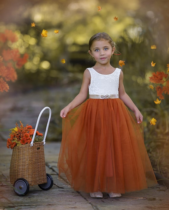 Burnt Orange Flower Girl Dress, Tulle Lace Boho Style, Toddler Girls Dress, Sleeveless Party Dress, Wedding Dress