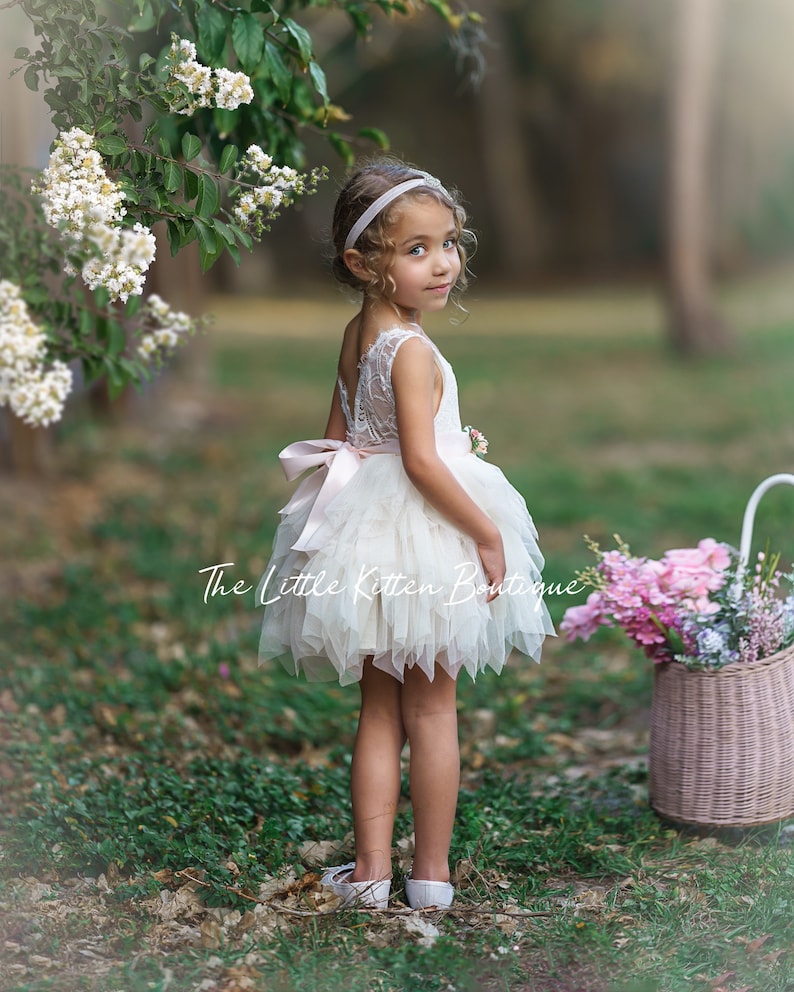 Blush pink tulle flower girl dress, White lace flower girl dress, Rustic flower girl dress, Ivory Boho flower girl dress, Toddler dress tutu 