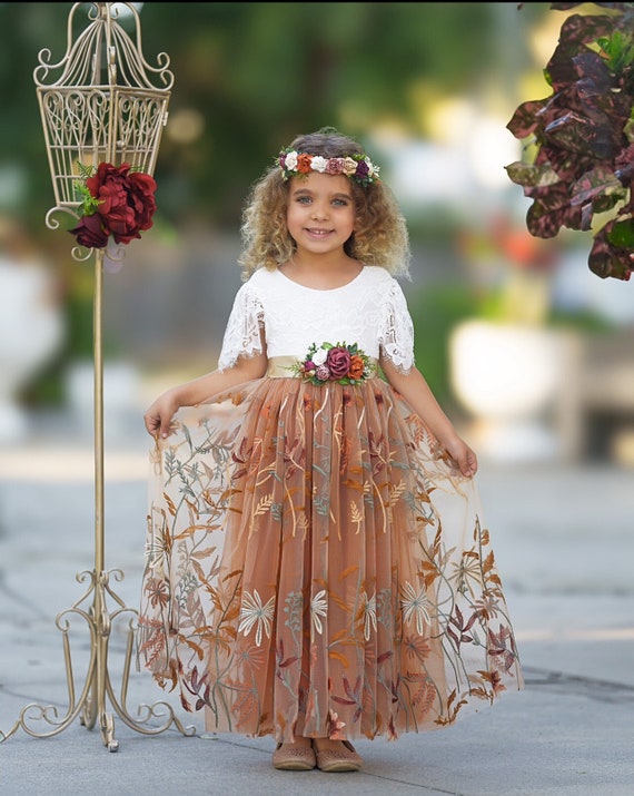 Burnt Orange tulle flower girl dress, Floral Flower Girl Dress, rustic lace flower girl dress, boho wedding dress, girls dress, fall dress