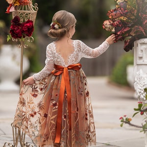 White Lace & Burnt Orange Floral Dress - Perfect for Boho Fall Weddings & Events. Stunning Floral Overlay. Ideal Flower Girl Dress for Toddlers & Girls. Embrace princess charm in this girl dress.