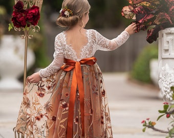 Burnt Orange Tulle Lace Flower Girl Dress, Boho Embroidered Fall Wedding Gown