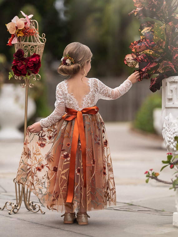 Burnt Orange Tulle Lace Flower Girl Dress, Boho Embroidered Fall Wedding Gown