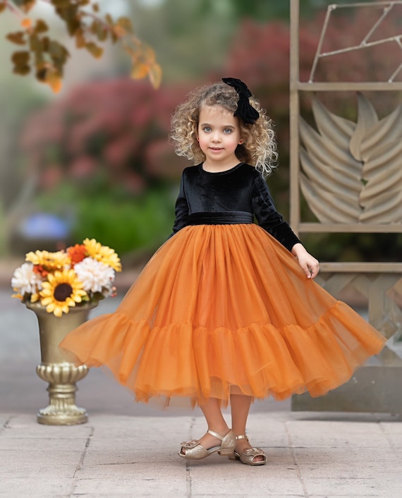 Burnt Orange and Black Velvet and Tulle Flower Girl Dress, Boho flower girl dress, toddler flower girl dress, Velvet Girls Halloween Dress