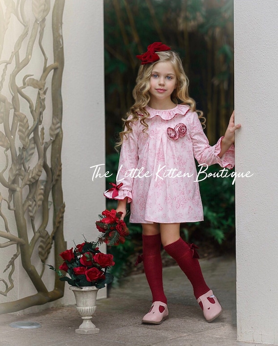 Pink Girls Birthday Dress - Victorian Toile Print Holiday Dress - Pink, White, and Red - Elegant Peter Pan Collar - Pink Toile Dress