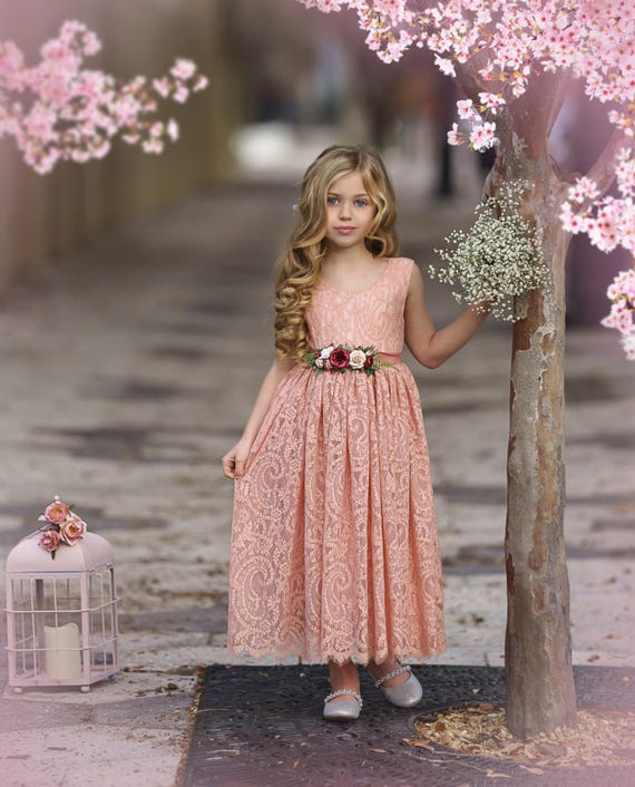 Bohemian Lace Flower Girl Dress, Boho Flower Girl Dress, wedding dress, Rustic flower girl dress, girls pink sleeveless dress for wedding,