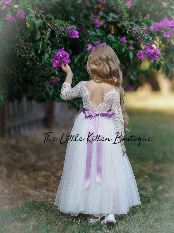 Tulle flower girl dress, rustic lace flower girl dresses, long sleeve flower girl dresses, boho flower girl dress, ivory flower girl dress