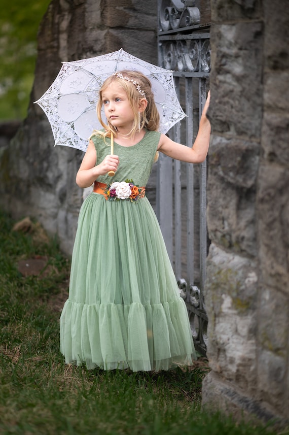 Sage Green Lace Flower Girl Dress with Tulle Skirt, Rustic Wedding Outfit