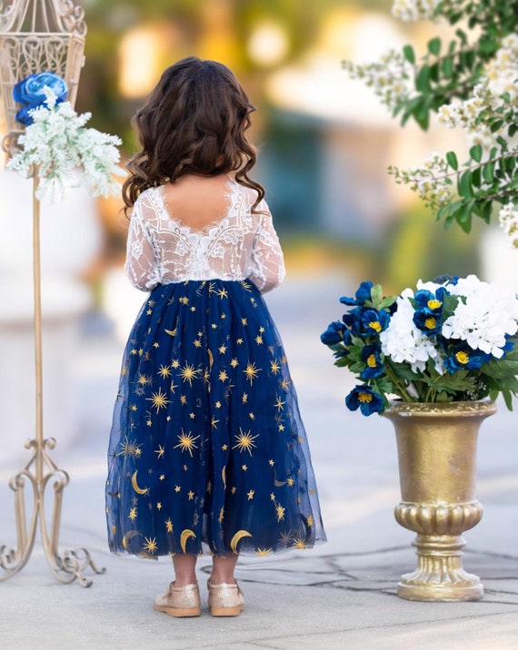 Short Sleeve White Lace and Off White Tulle Flower Girl Dress- Celestial Moon and Stars