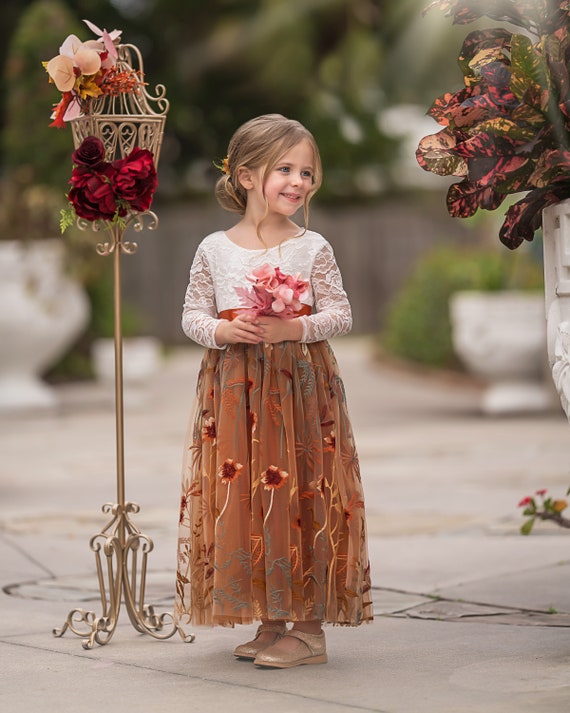 Burnt Orange Tulle Flower Girl Dress with Rustic Floral Lace for Boho Weddings