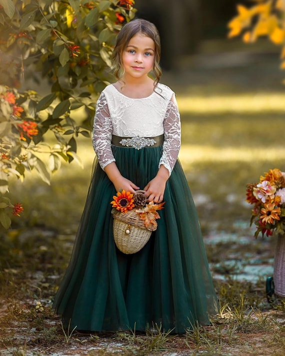 Long Sleeve Olive Green, Tulle and Lace Flower Girl Dress for Toddlers, Girls and Junior Bridesmaids.