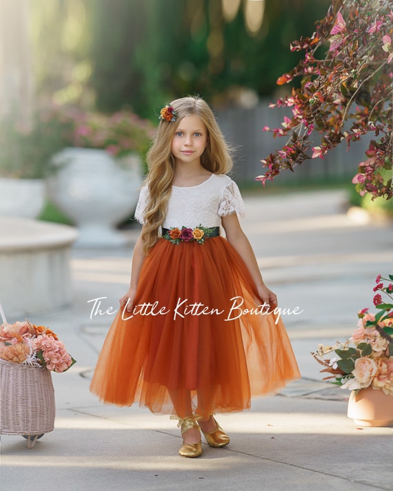 Flower Girl Dress- Boho Soft White Lace & Burnt Orange Tulle Ankle Length with Short Sleeves - Rustic Fall Wedding Dress for Little Girls