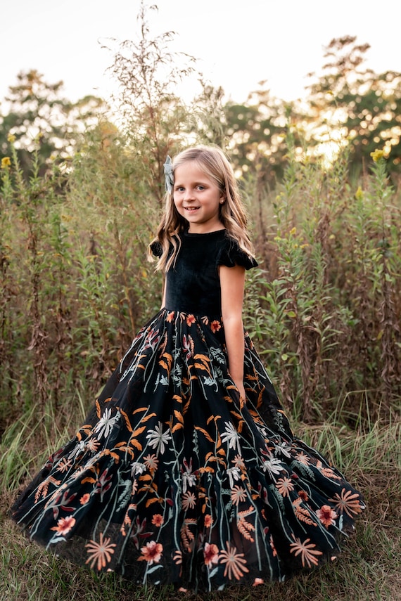 Boho Flower Girl Dress Floral Tulle Fall Wedding Toddler Girls Gown