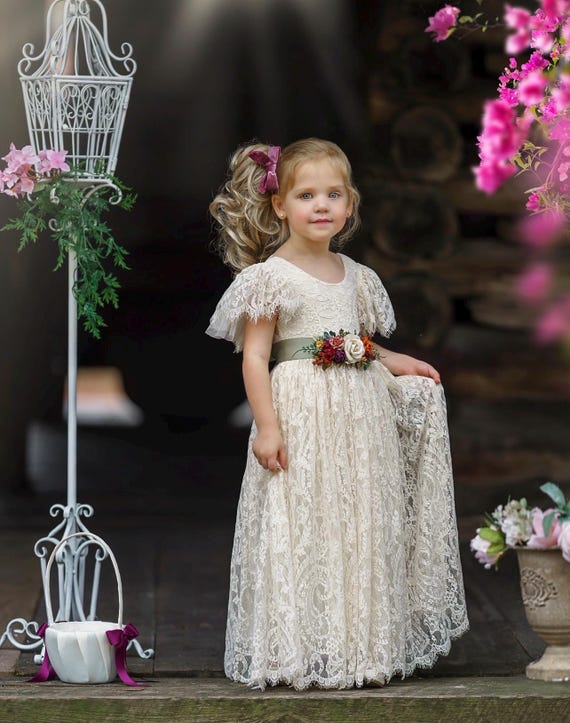 Bohemian flower girl dress, Girls Dress, girls Dresses, White lace flower girl dress, rustic flower girl dress, sage boho flower girl dress