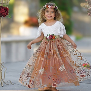 Burnt Orange tulle flower girl dress, Floral Flower Girl Dress, rustic lace flower girl dress, boho wedding dress, girls dress, fall dress image 3