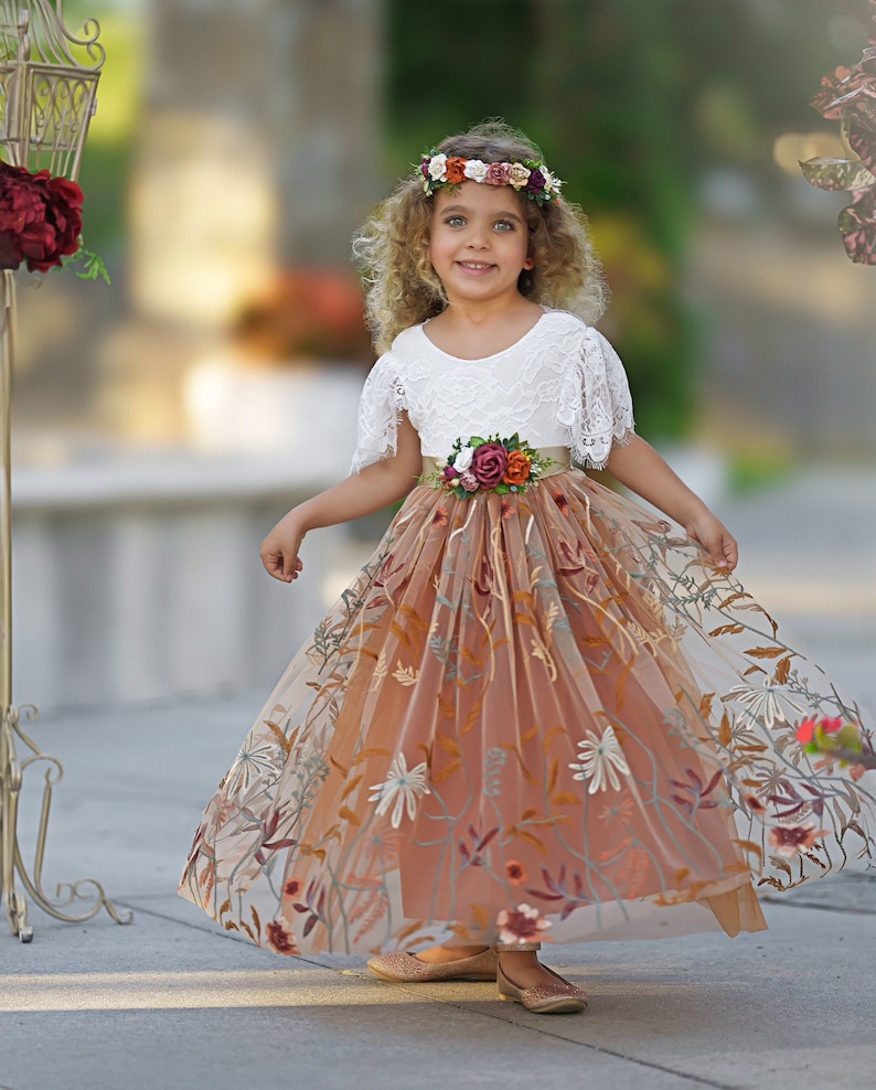 Burnt Orange tulle flower girl dress, Floral Flower Girl Dress, rustic lace flower girl dress, boho wedding dress, girls dress, fall dress image 3