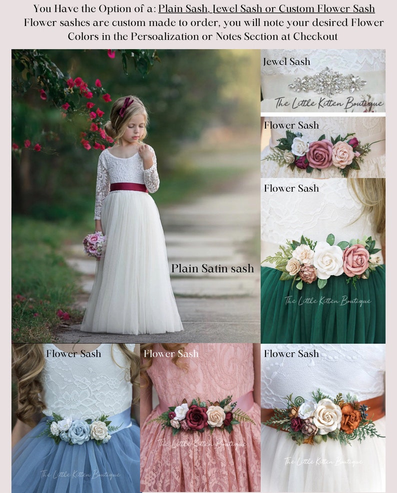 Puede incluir: Un collage de im&aacute;genes que muestran diferentes tipos de fajas para ni&ntilde;as. Las fajas est&aacute;n hechas de sat&eacute;n, joyas y flores. Las fajas est&aacute;n disponibles en una variedad de colores. The Little Kitten Boutique es el nombre de la tienda.