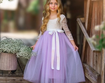 Lilac Purple Flower girl dress, tulle Flower Girl Dress, rustic lace flower  girl dresses, boho flower girl dress, floral flower girl dress