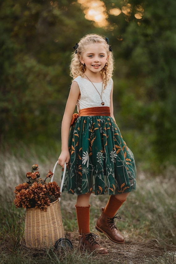 Hunter Green Fall Floral Embroidered Flower Girl Dress – Toddler Girl Special Occasion Dress – Fall Wedding Junior Bridesmaid Dress