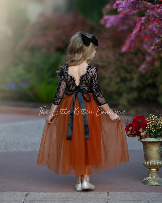 tulle flower girl dress, burnt orange black lace flower girl dress, long sleeve flower girl dress, fall flower girl dress, halloween wedding